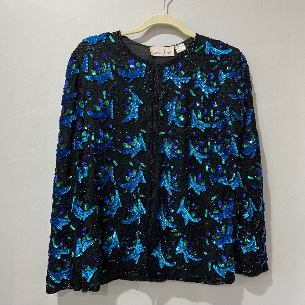 VTG Laurence Kazar SEQUIN Beaded EVENING SILK JACKET Women's‎ S Blue Black.